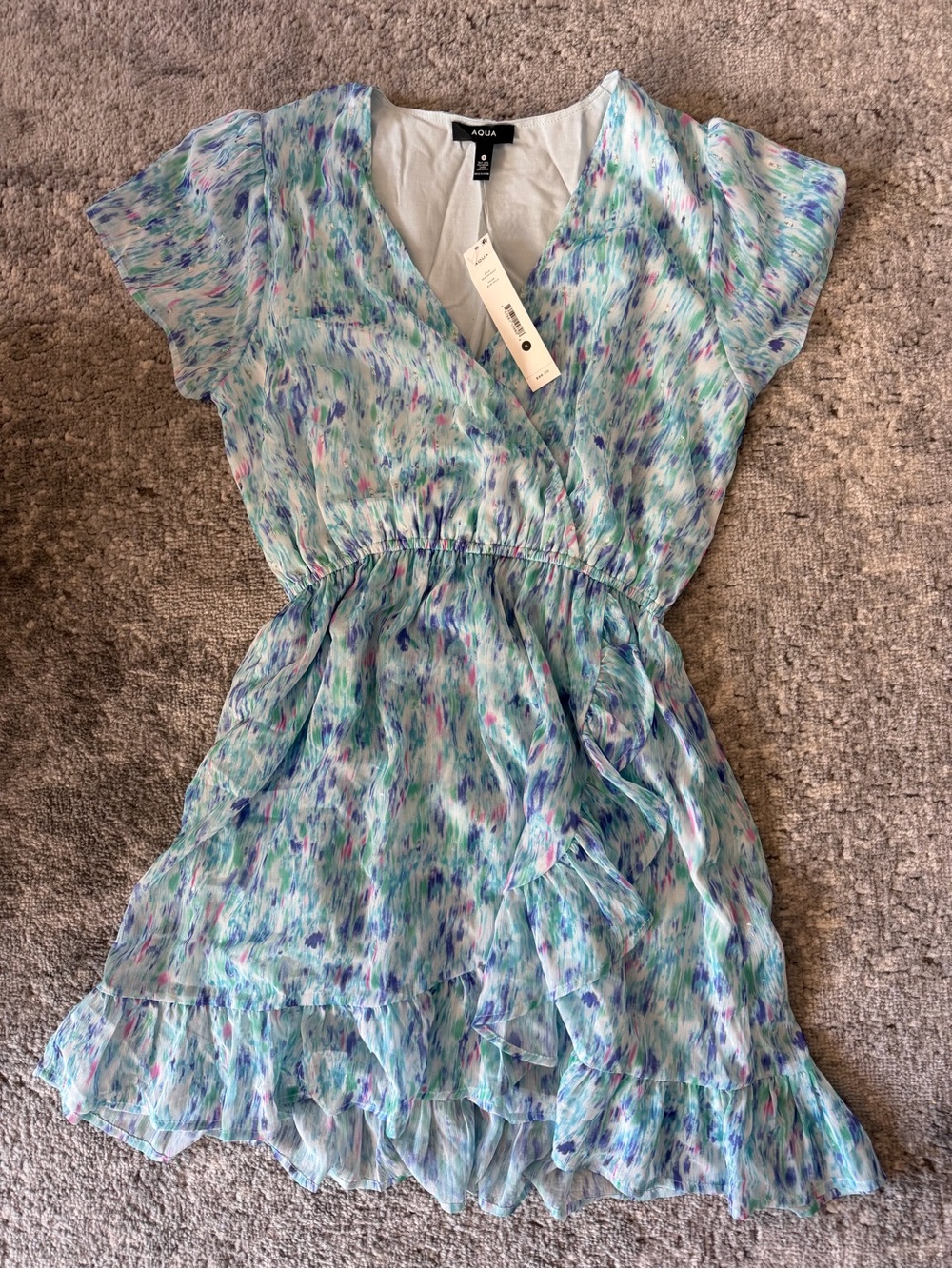 Aqua Light Blue Multi-Print Ruffle Wrap Dress